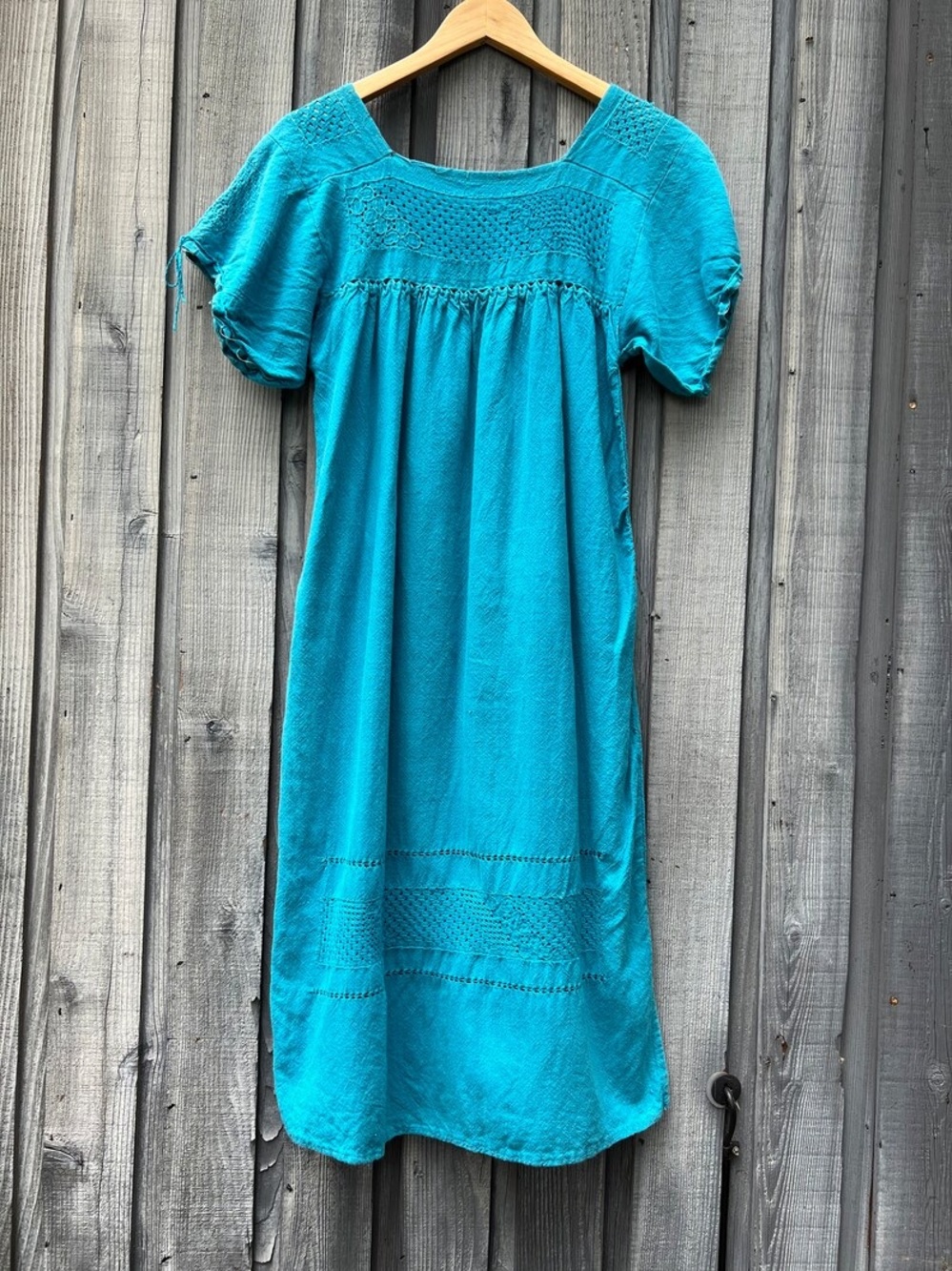 Vintage 70s turquoise crochet dress handmade cotton